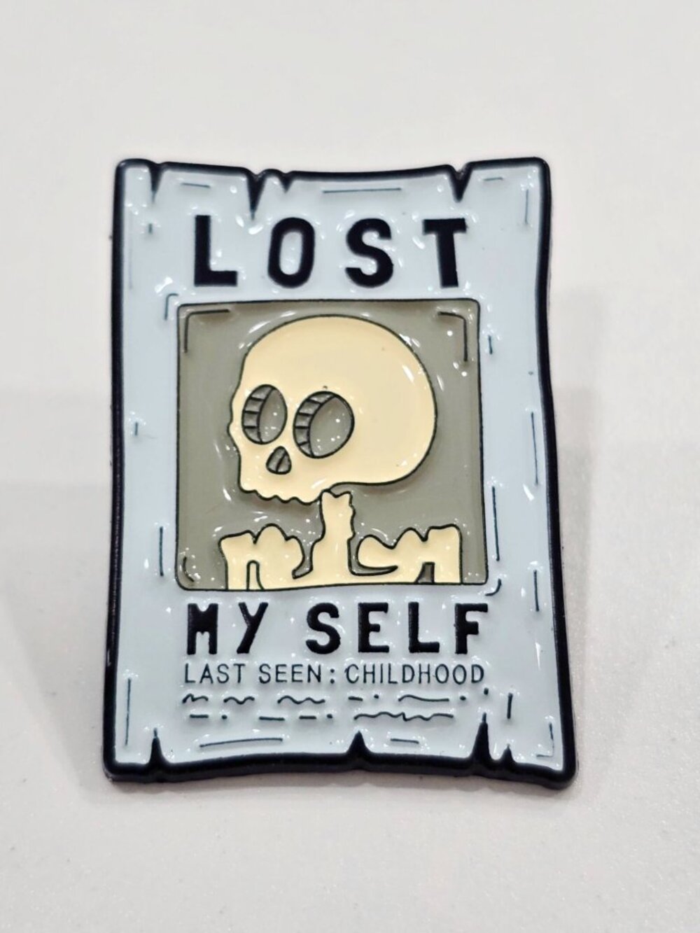 Artisan Lost My Self Skeleton Enamel Pin Missing Poster Funny Gothic Badge Sz OS